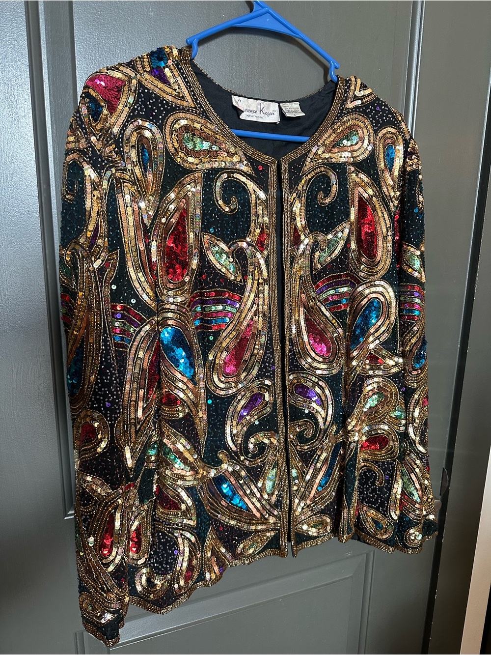 Laurence Kazar Black Sequin Jacket with Gold Beading and Multicolor Sequins